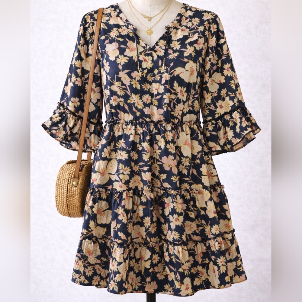Mittoshop Floral Tiered Boho Dress Bishop‎ Sleeve Cottagecore Small